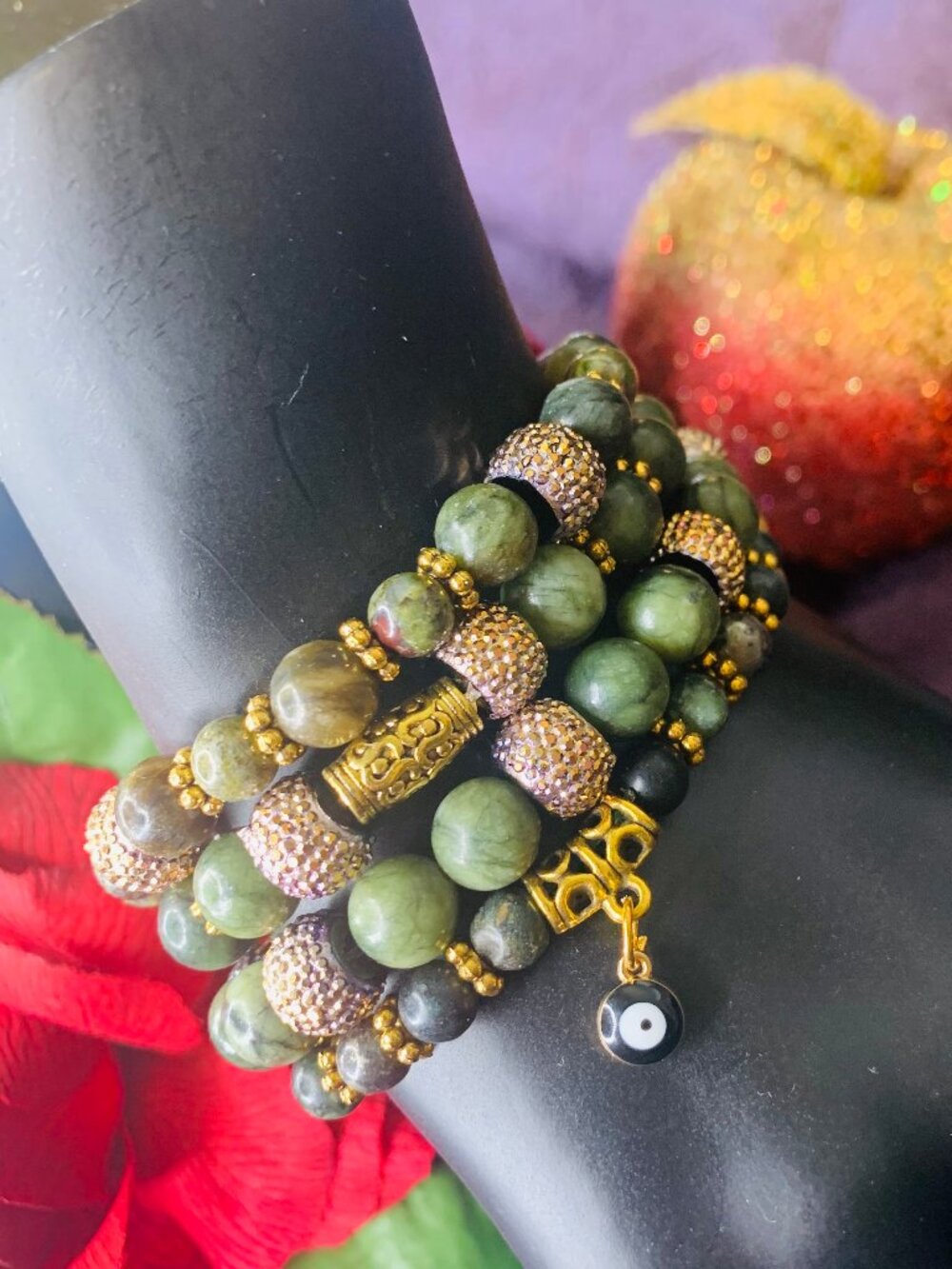 One-Of-A-Kind Evil Eye Charm, Green Jade, Jasper, Acrylic & Pewter Bracelet Set